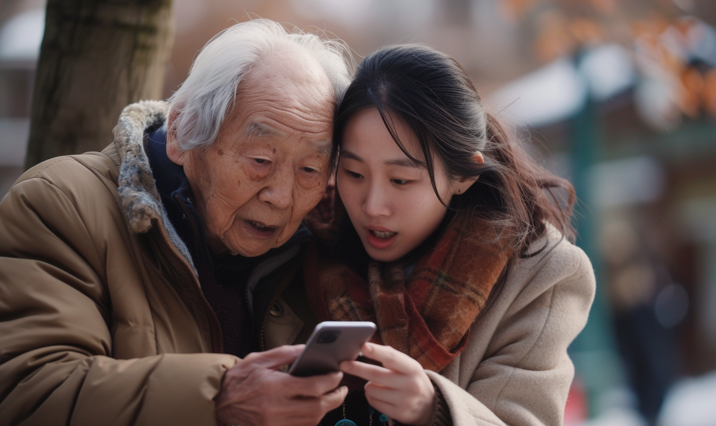 Younger family member teaching elderly person smartphone