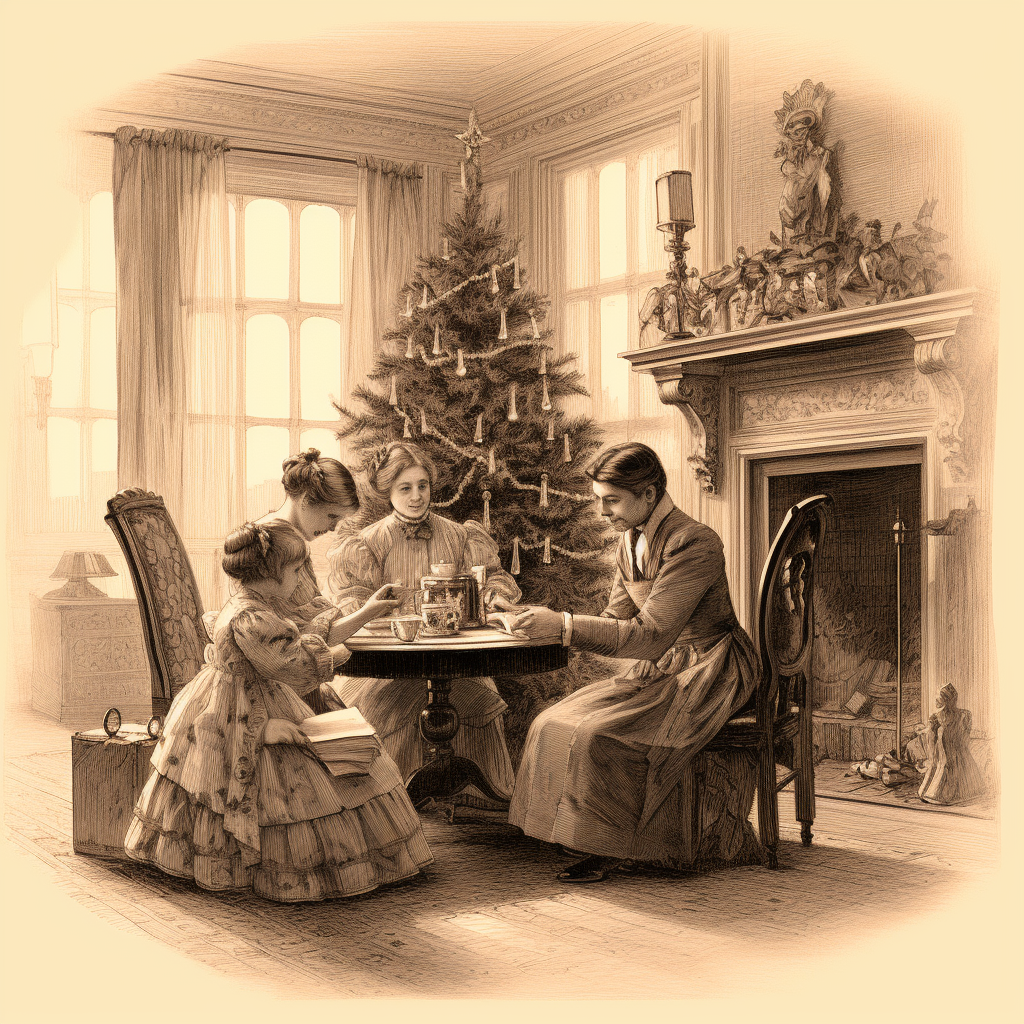 Engraving sketch of family around Christmas tree