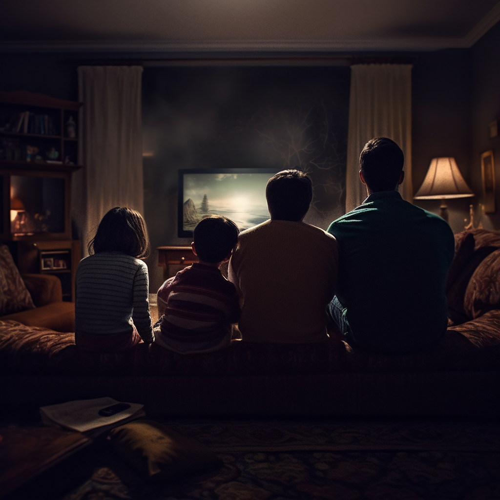 Family enjoying TV together at night