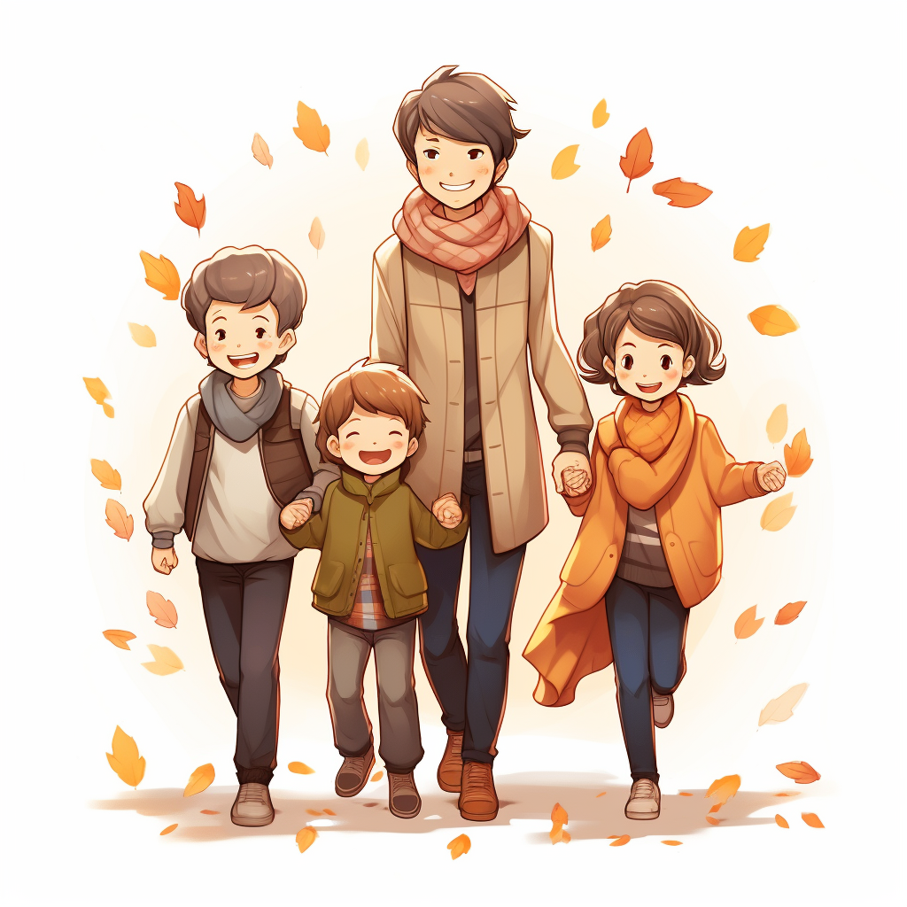 Smiling family walking among fallen leaves