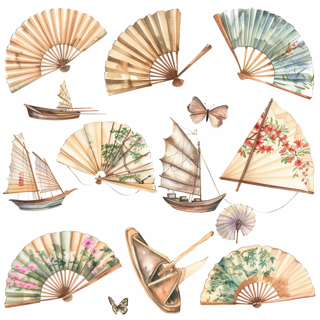 Watercolor Fan Boat Clipart Set