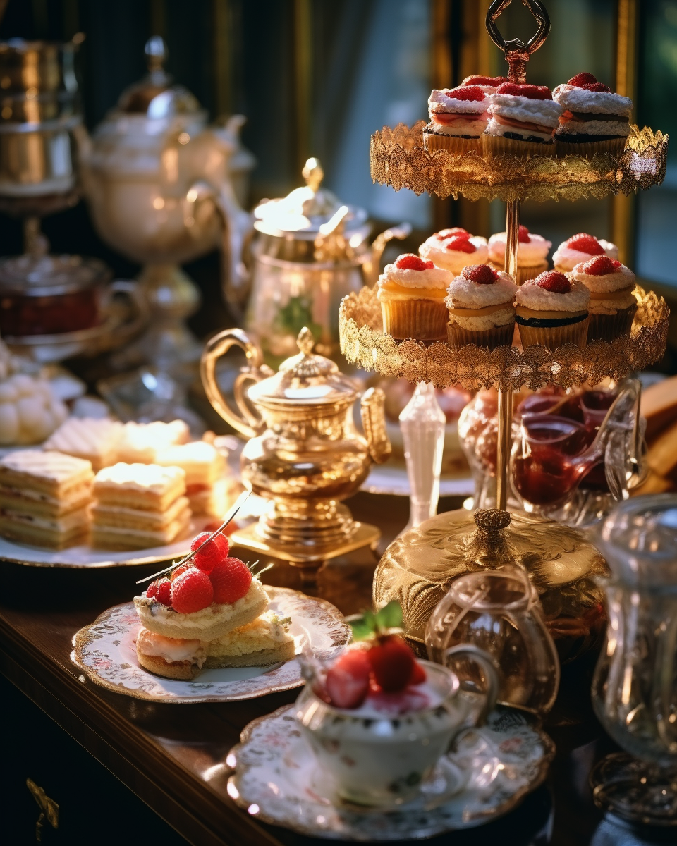 Decadent cakes and pastries on a fancy table