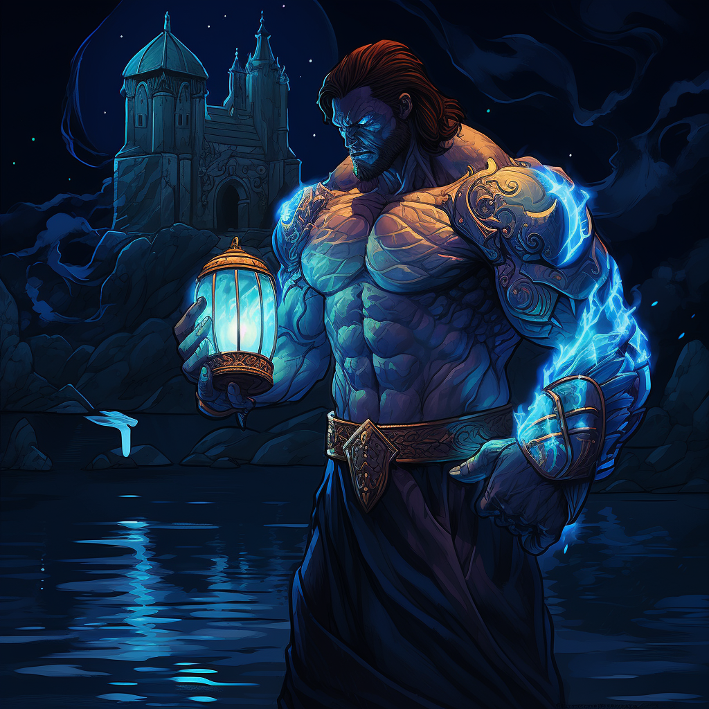 Muscular man with knight armor holding blue lantern