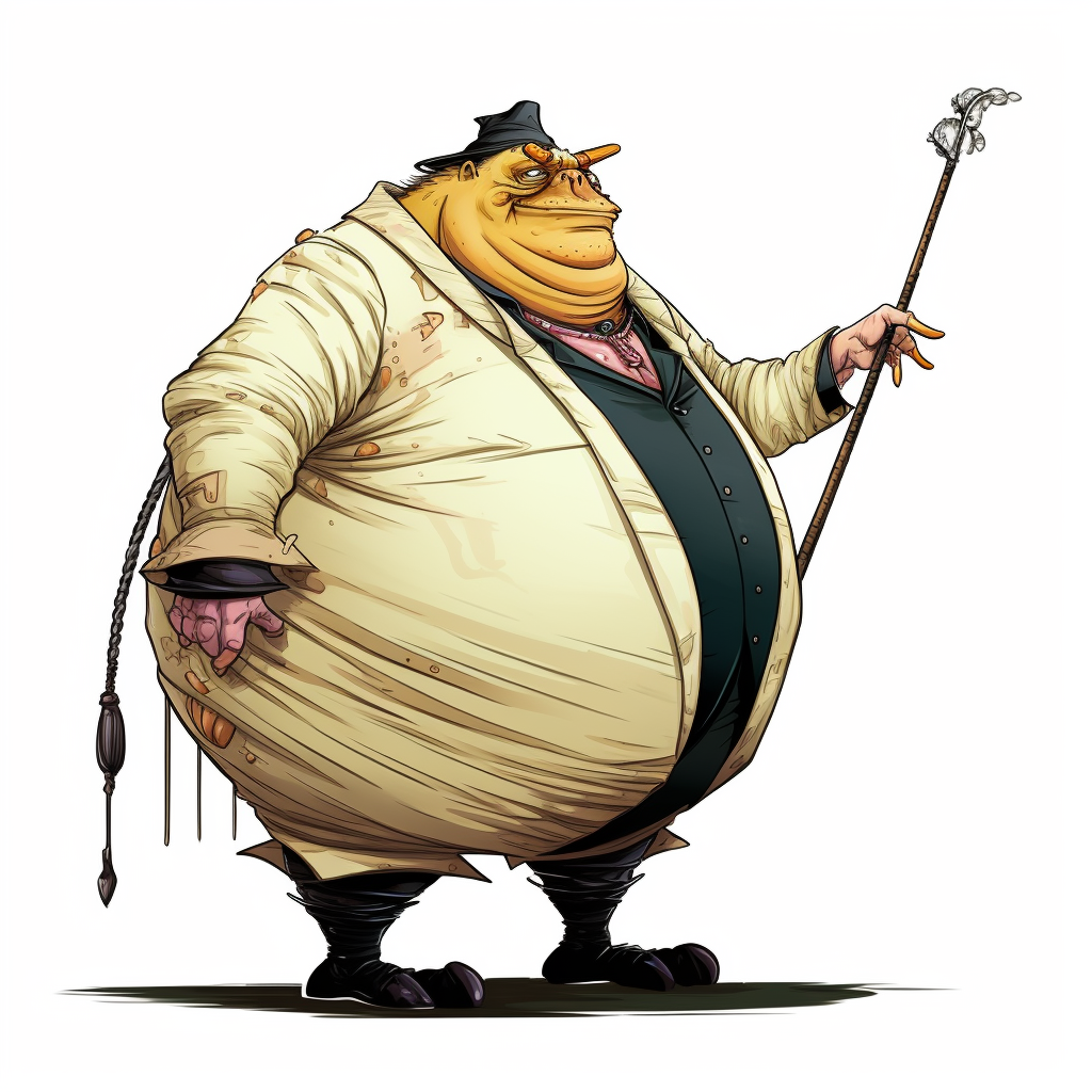 Illustration of a slimey and scary fancy obese insect man with a cane