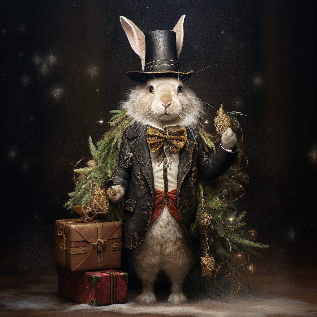 Male rabbit in fancy velvet traveling coat and hat