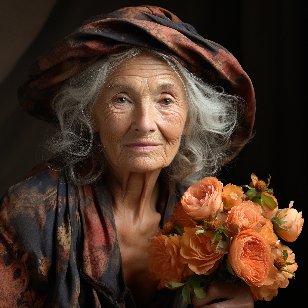 Elegant old woman wearing a fancy white hat and wilted flower