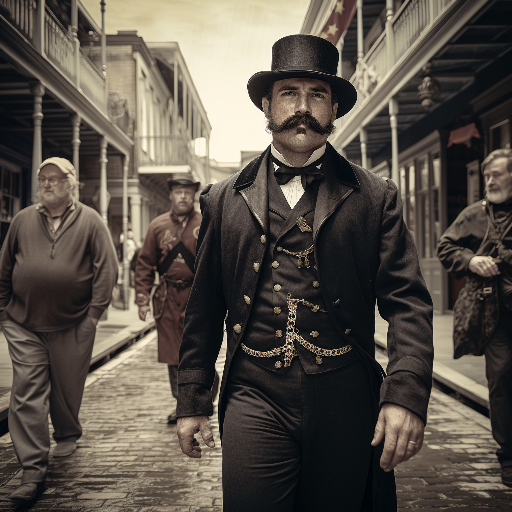 Fancy dressed sheriff on 1850s Bourbon Street