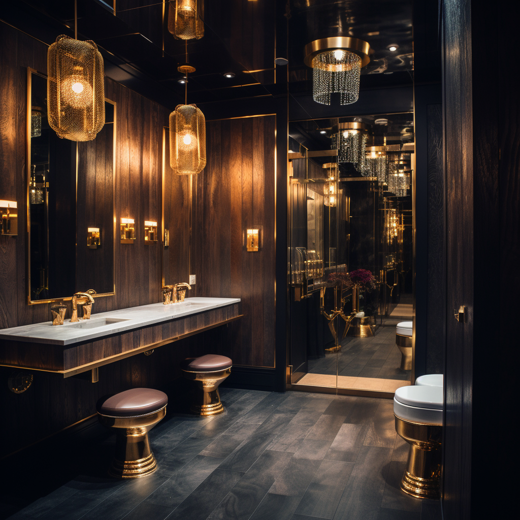 Fancy restaurant bathroom with gray wooden stalls