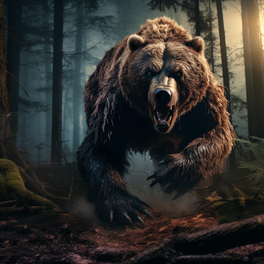 Terrifying fantasy aggressive grizzly bear in German woods