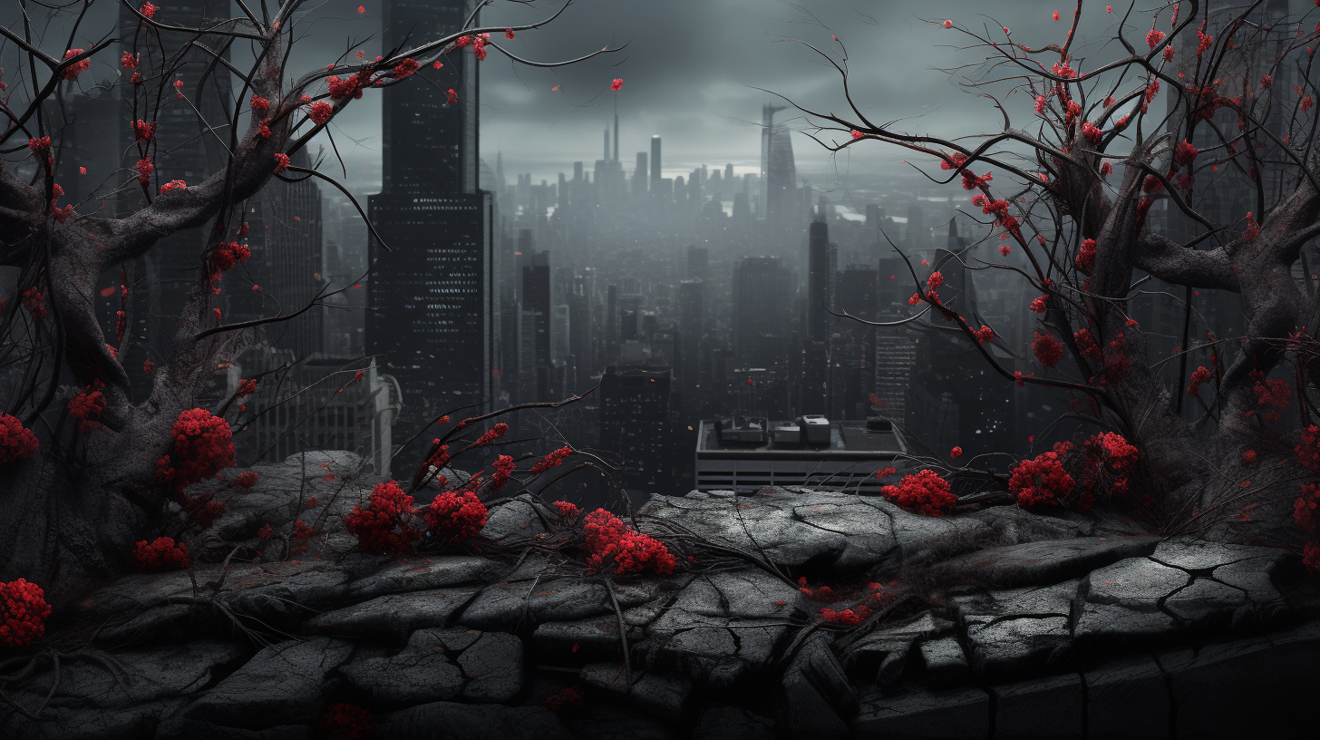 Fantasy atmosphere with dark foliage and red flowers