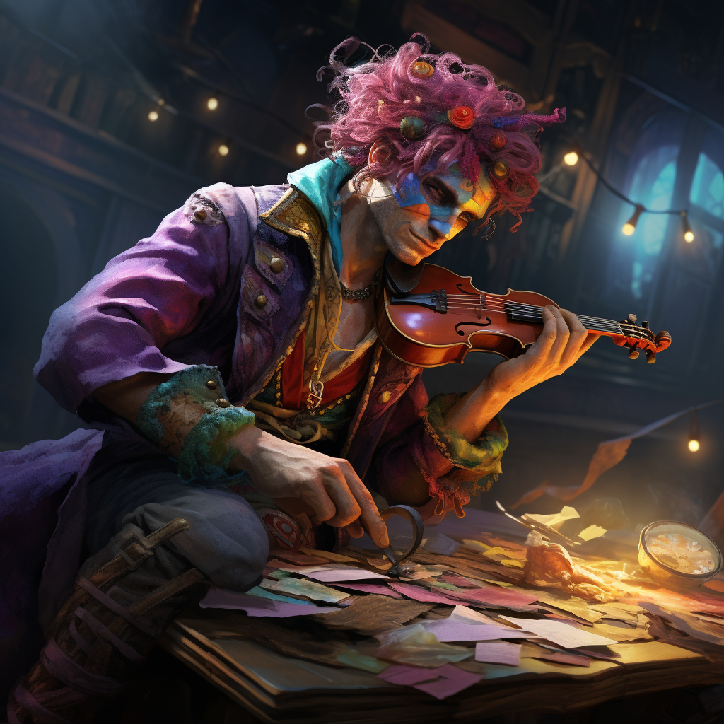 Colorful fantasy bard playing fiddle on table