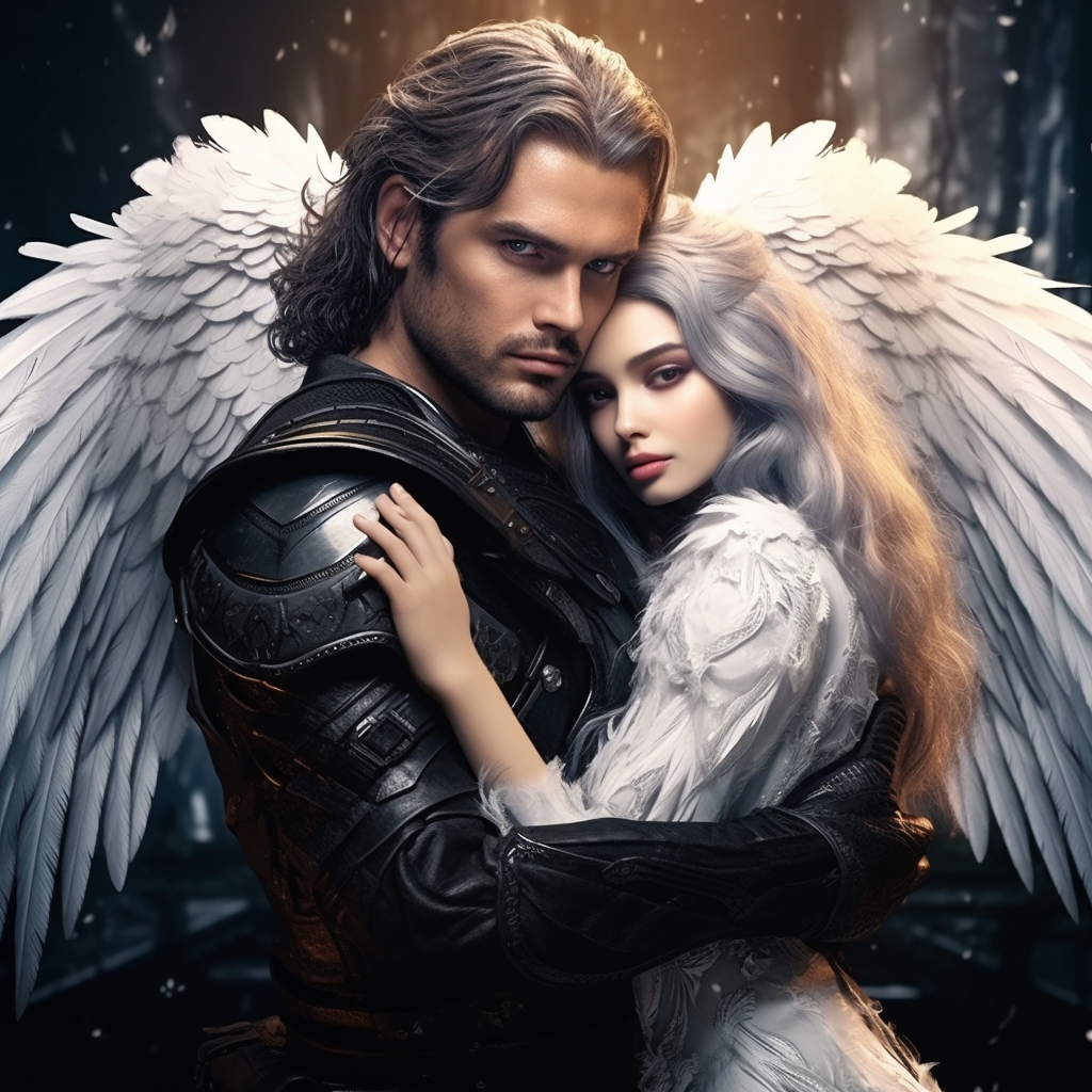 Blonde man embracing woman with beautiful wings