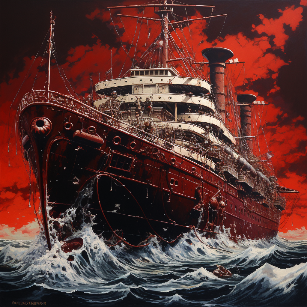 Red and white boat ship painting