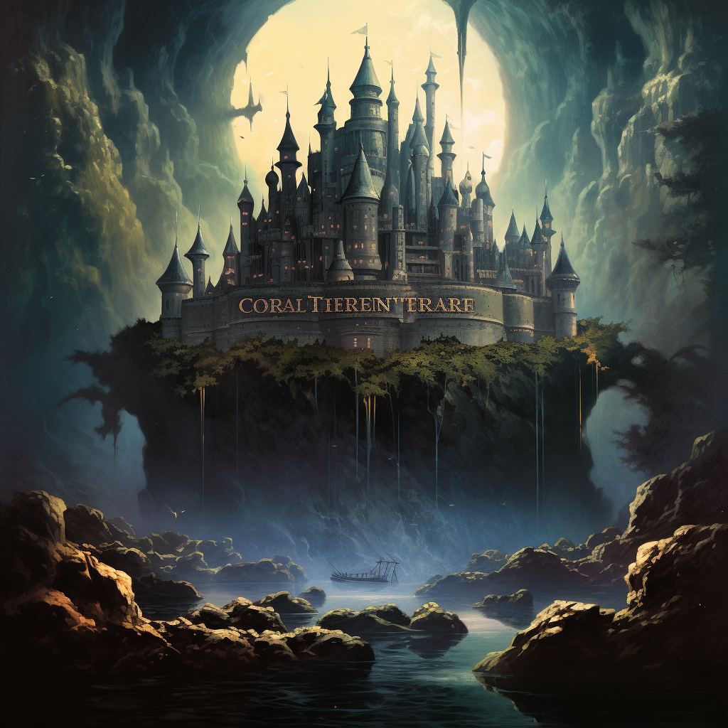 Dark fantasy book cover art with floating island castle