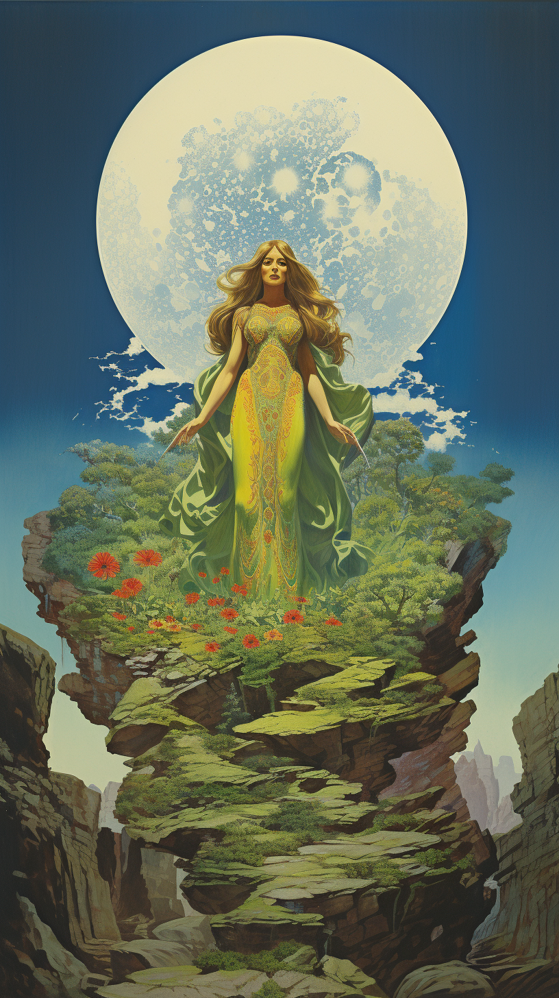 1970's fantasy book cover: Mother Gaia overlooking endless plains