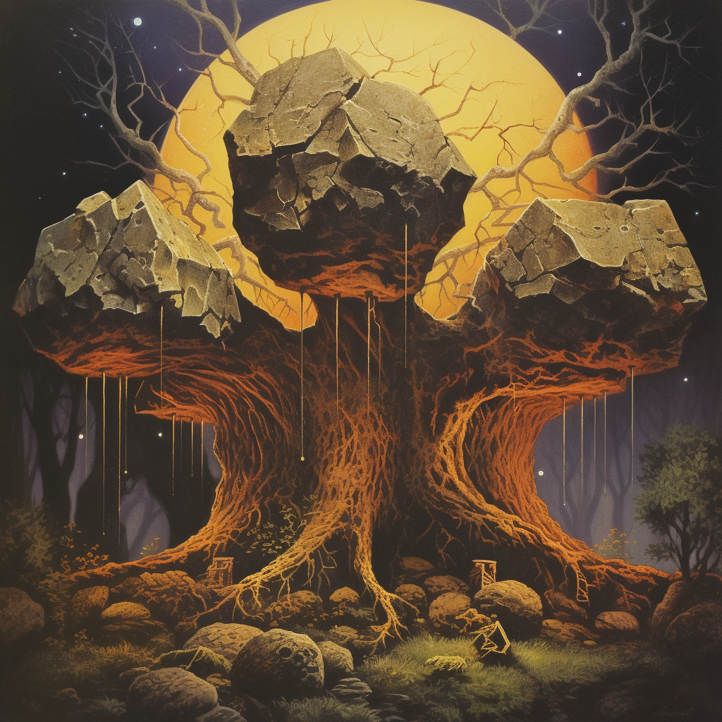 Dark fantasy book cover with boulder, tree, and golden lights