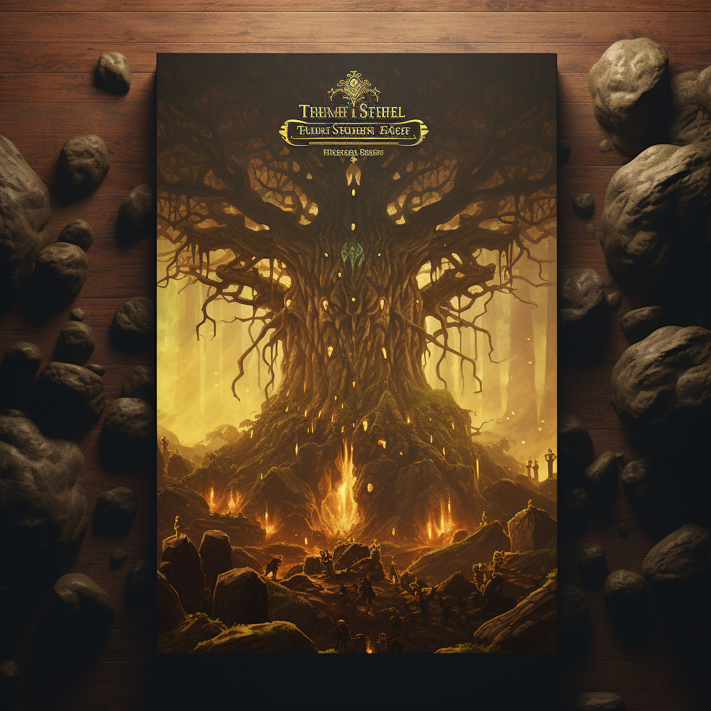 Dark fantasy book cover with boulderstuck tree