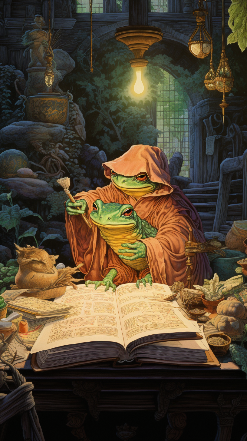 Illustration of a Frog mage finding ingredients