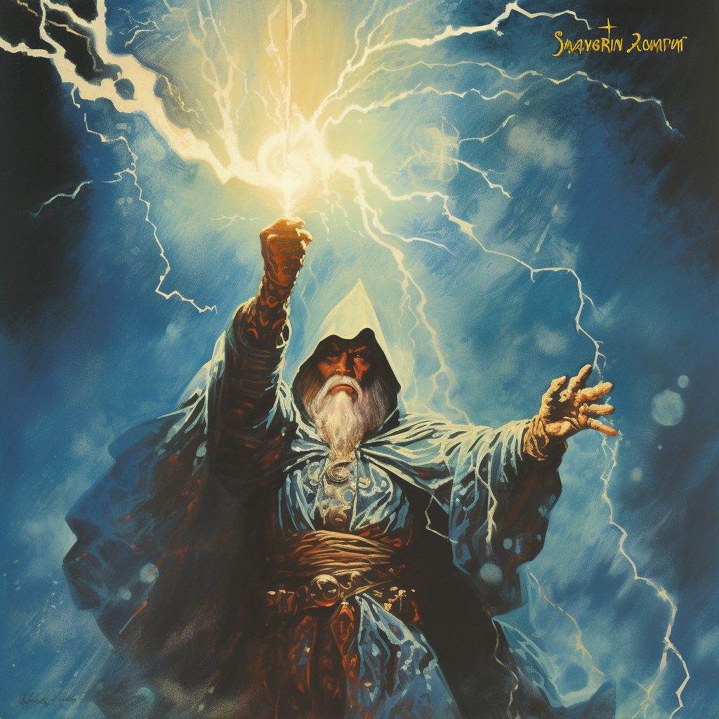 Powerful sorcerer casting lightning spell