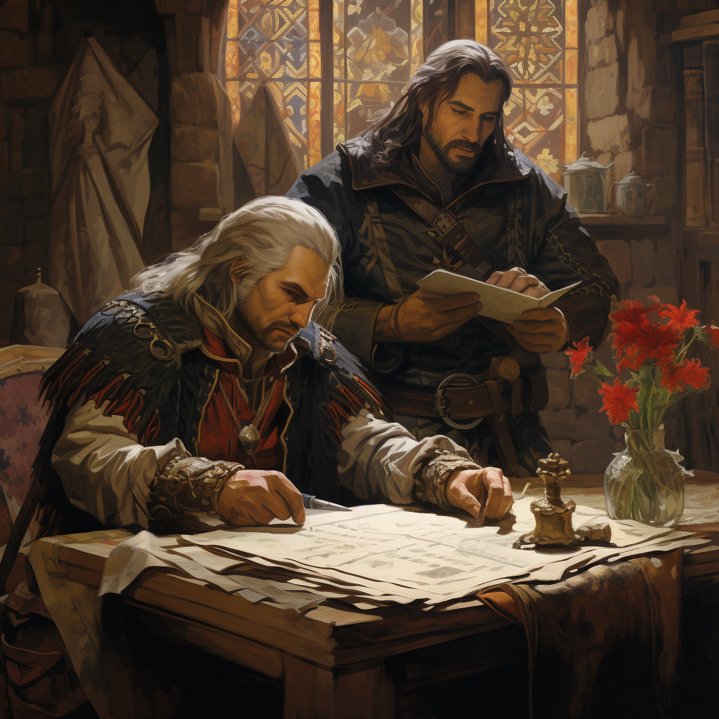 Witcher and Bard in medieval Inn