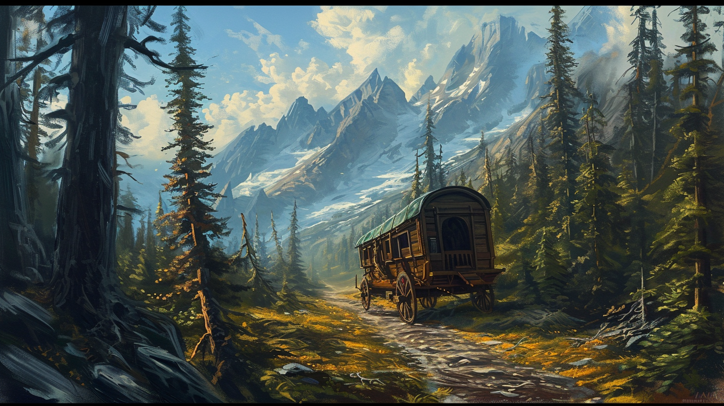 Image of a high fantasy caravan travelling through a burnt mountain forest