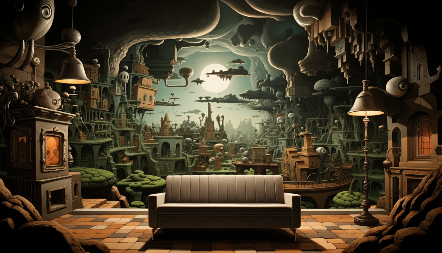 Illustration of an office room in a fantasy castle with couches and a map