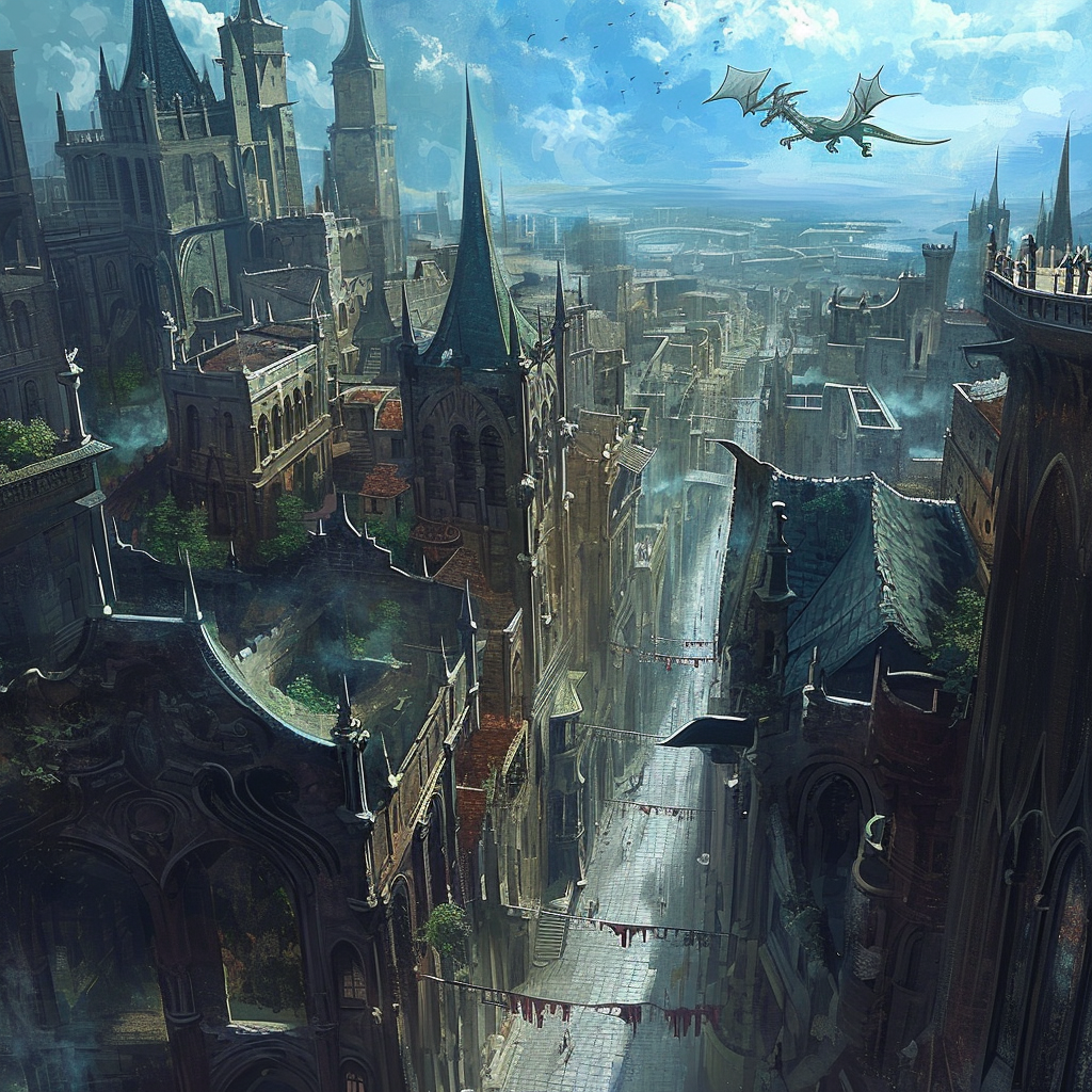 Fantasy city with dragon flying above