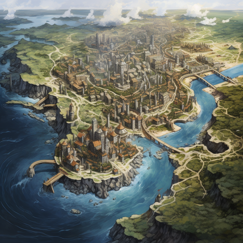 Aerial View of Fantasy Coastal City with Rivers