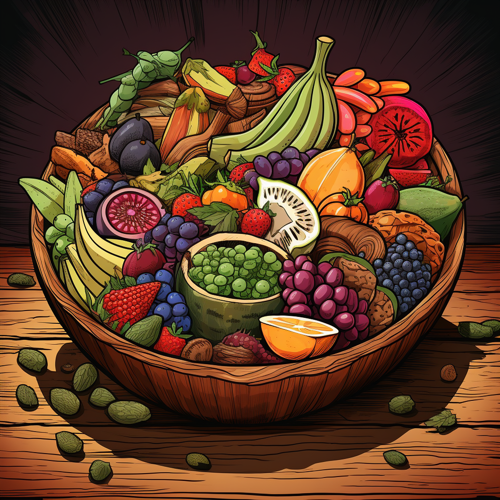 Exotic fruits in wooden bowl illustration