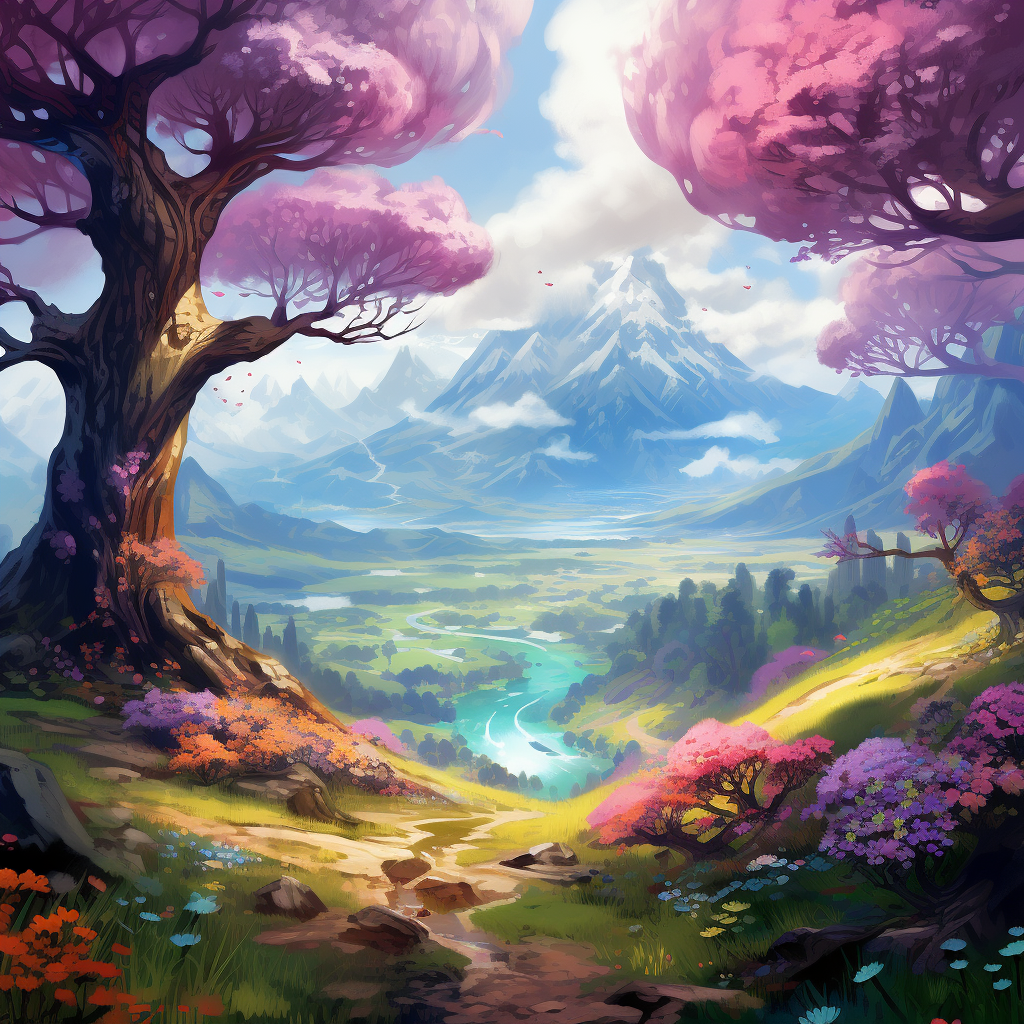 Beautiful fantasy forest with oak trees and magical flowers