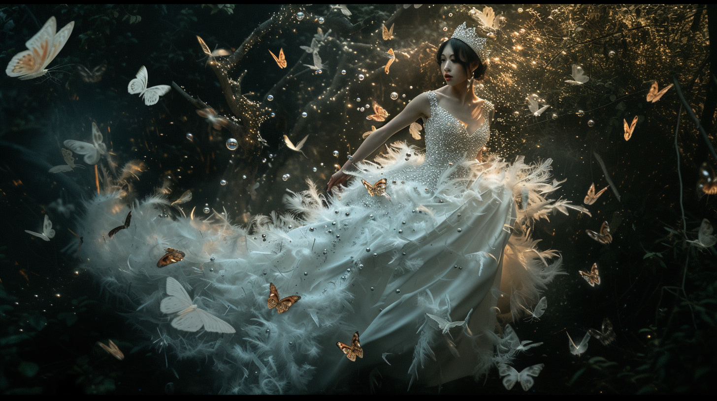 Fantasy fashion model floating with butterflies