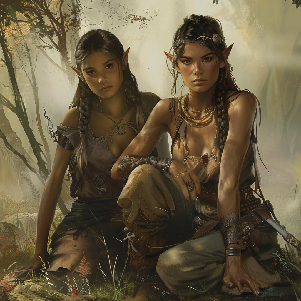 Dark-haired female elf and daughter