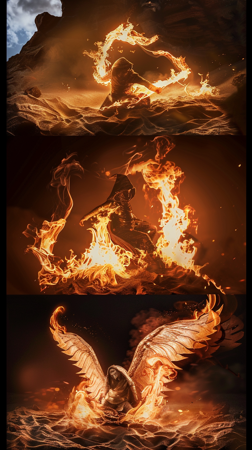 Epic fantasy fire creatures triptych