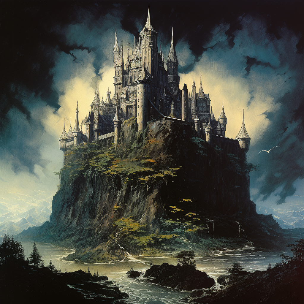 Dark fantasy book cover with floating island castle.