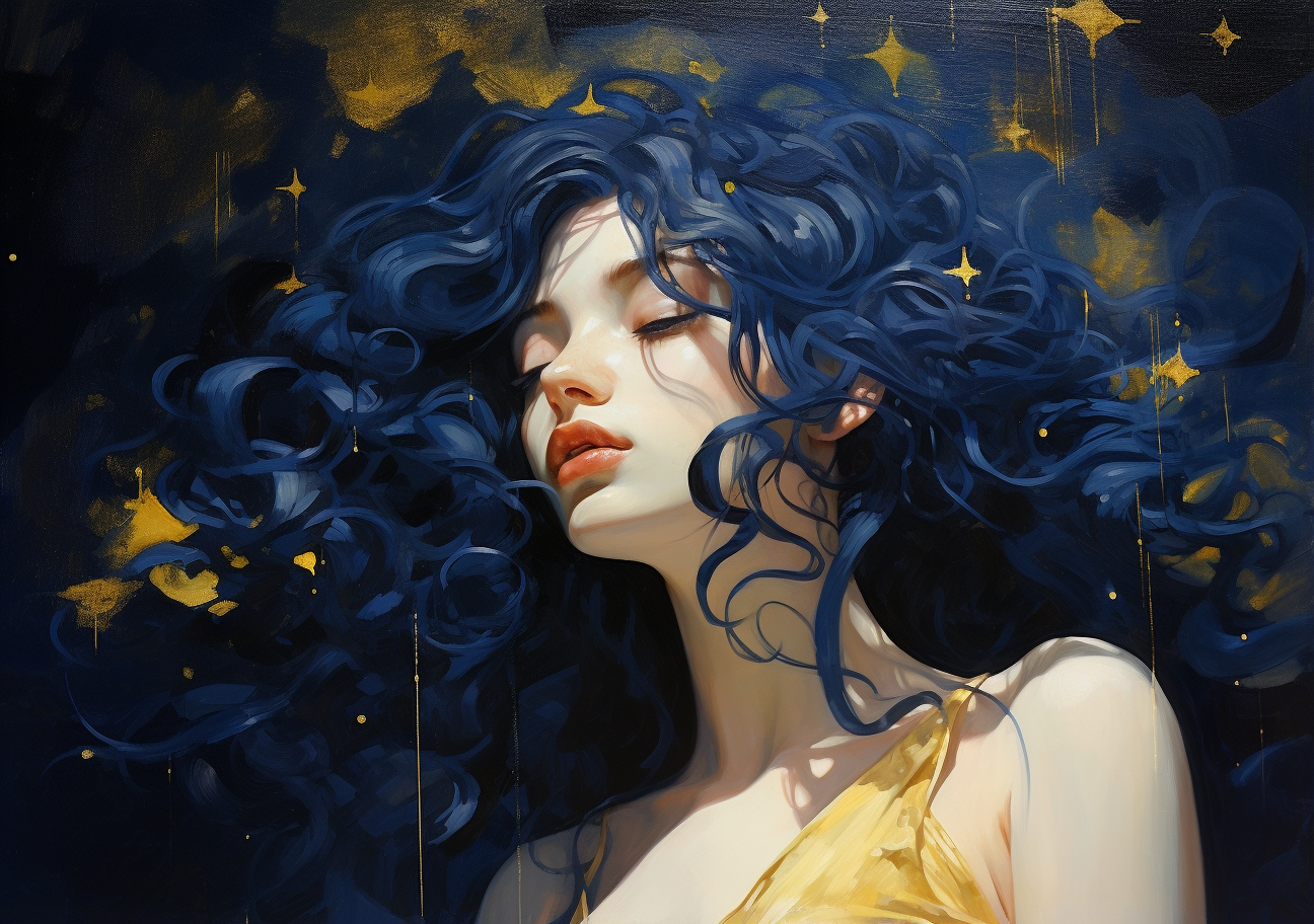 Fantasy girl with moonlit hair and starry sky painting