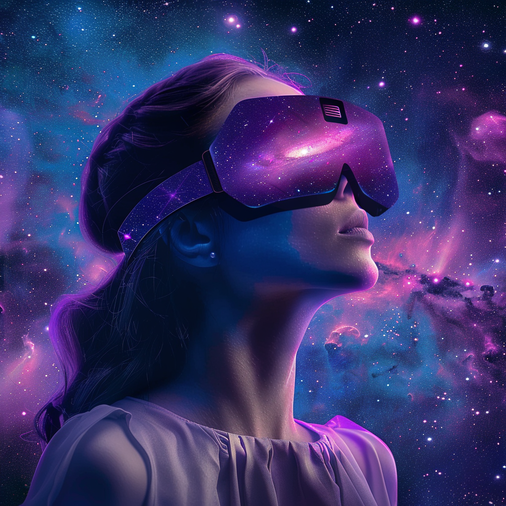 Goddess wearing blindfold with galaxy background