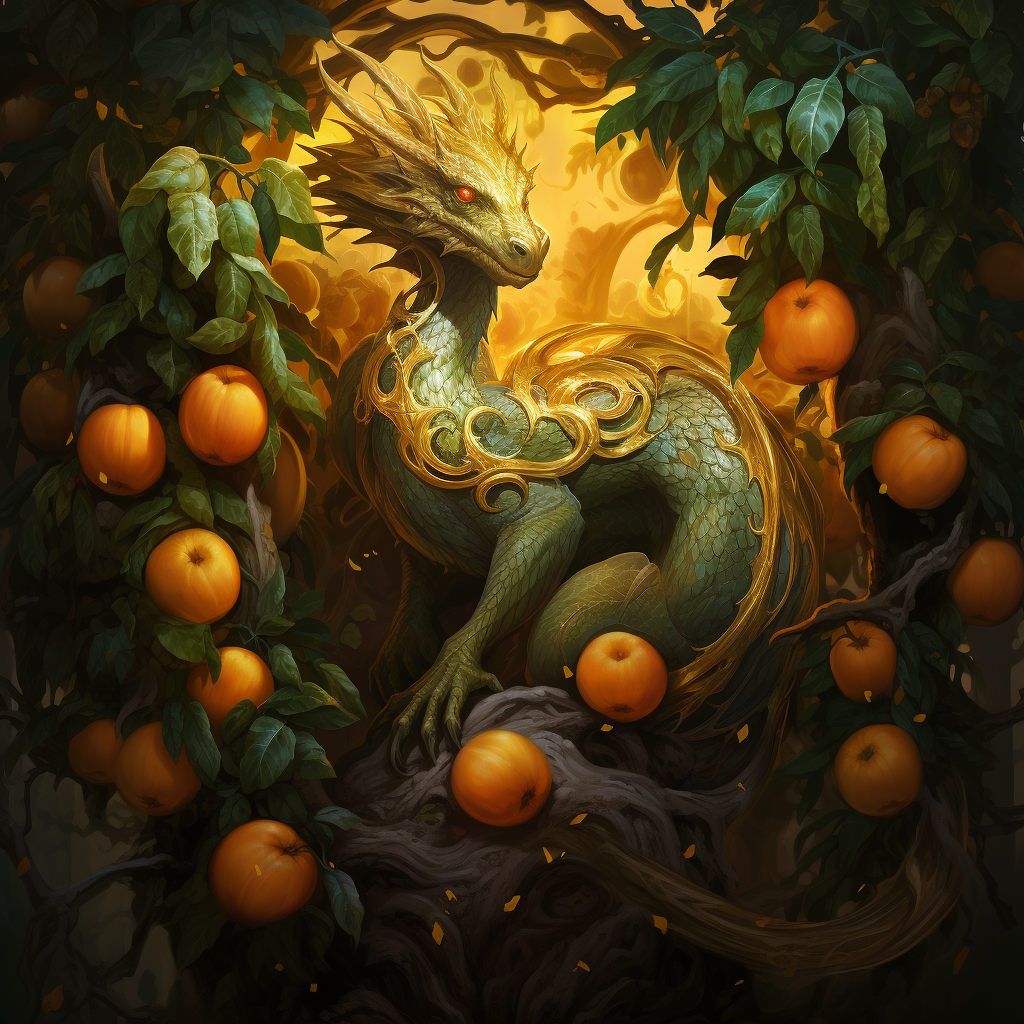 Green dragon and golden oranges