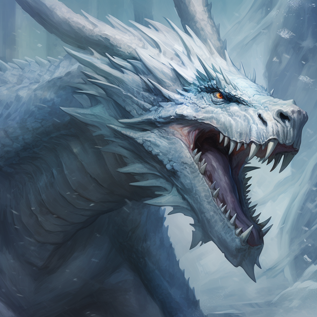 Frozen fantasy ice dragon roaring in blizzard