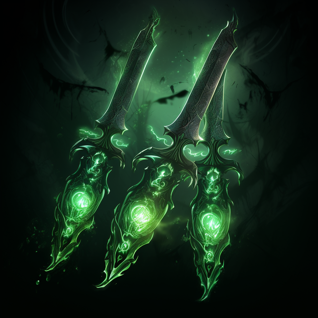 Image of glowing green poisoned throwing knives