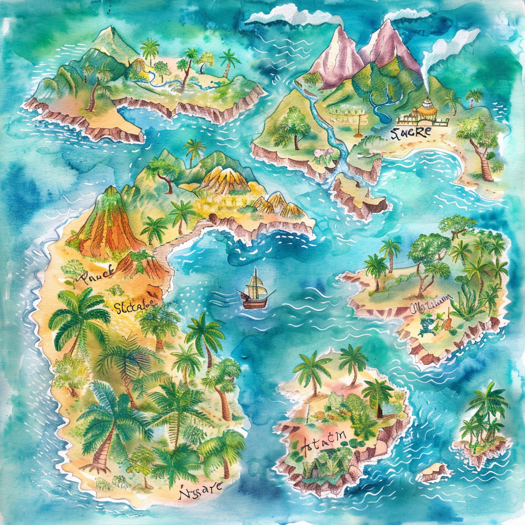 Vibrant watercolor map fantasy island