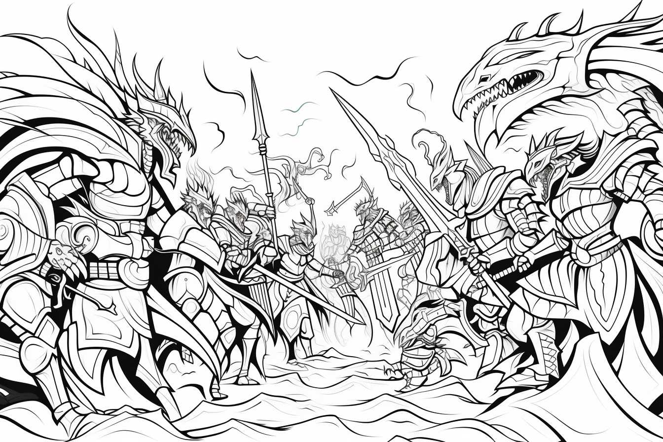 Coloring page of knights battling fantasy creatures