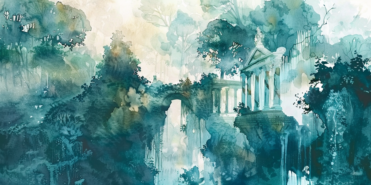 Fantasy landscape ruins watercolor art