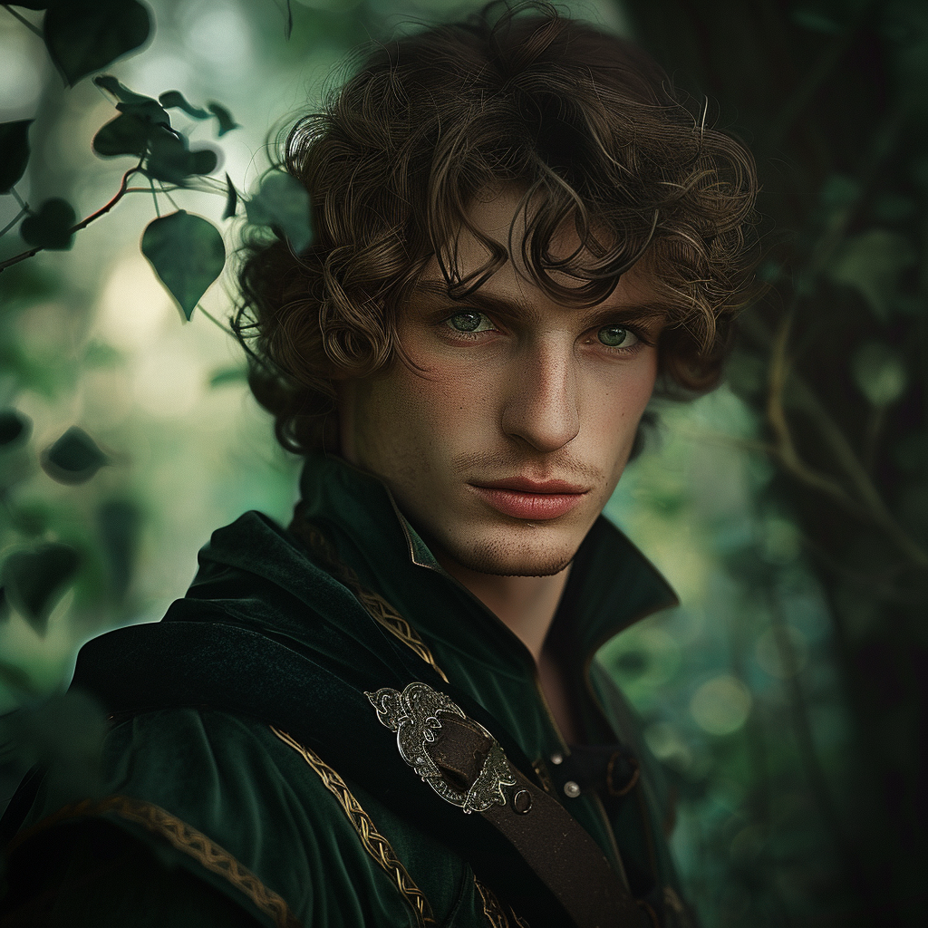 Fantasy man in green clothing in woods