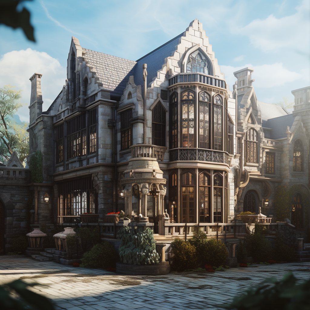 Exterior view of grand fantasy mansion