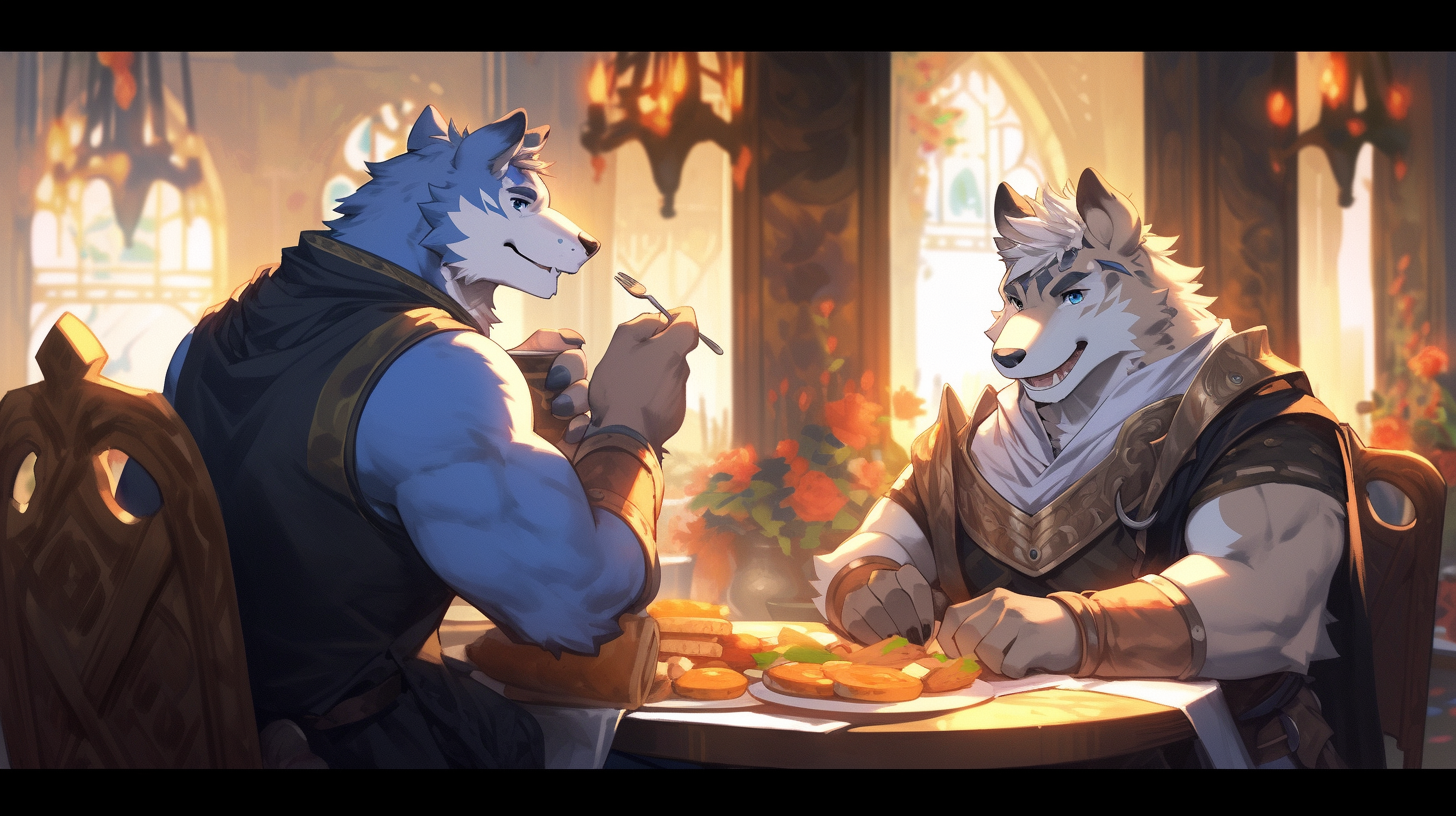 Wolf and Human Enjoying Lunch at Medieval Cafe