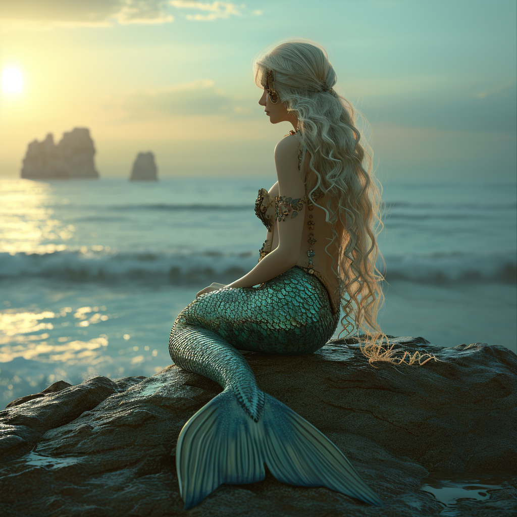 fantasy mermaid on rock by sea