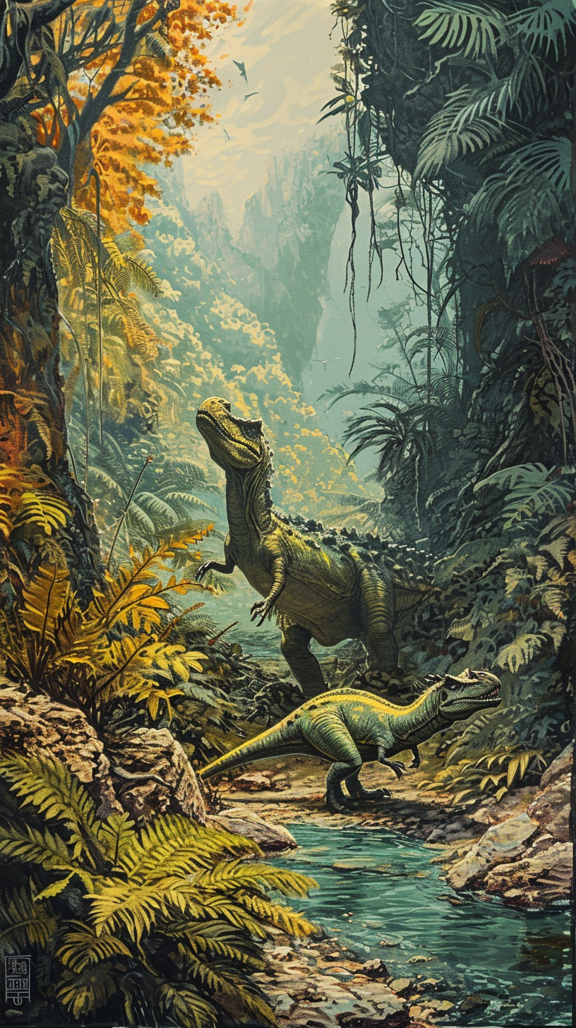 Surrealistic depiction of dinosaurs in nature