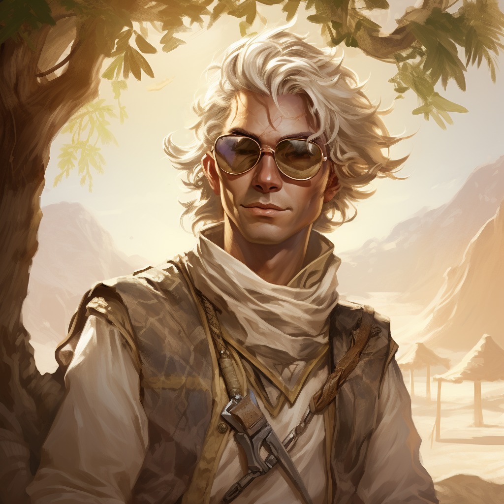 Desert elf with glasses in fantasy Pathfinder attire