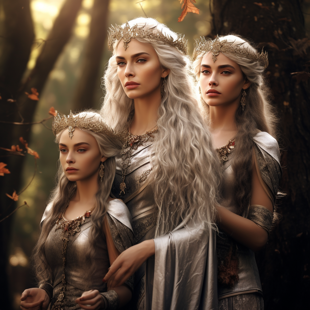 Elderly Queen and Silver Elf Daughters in Fantasy Setting