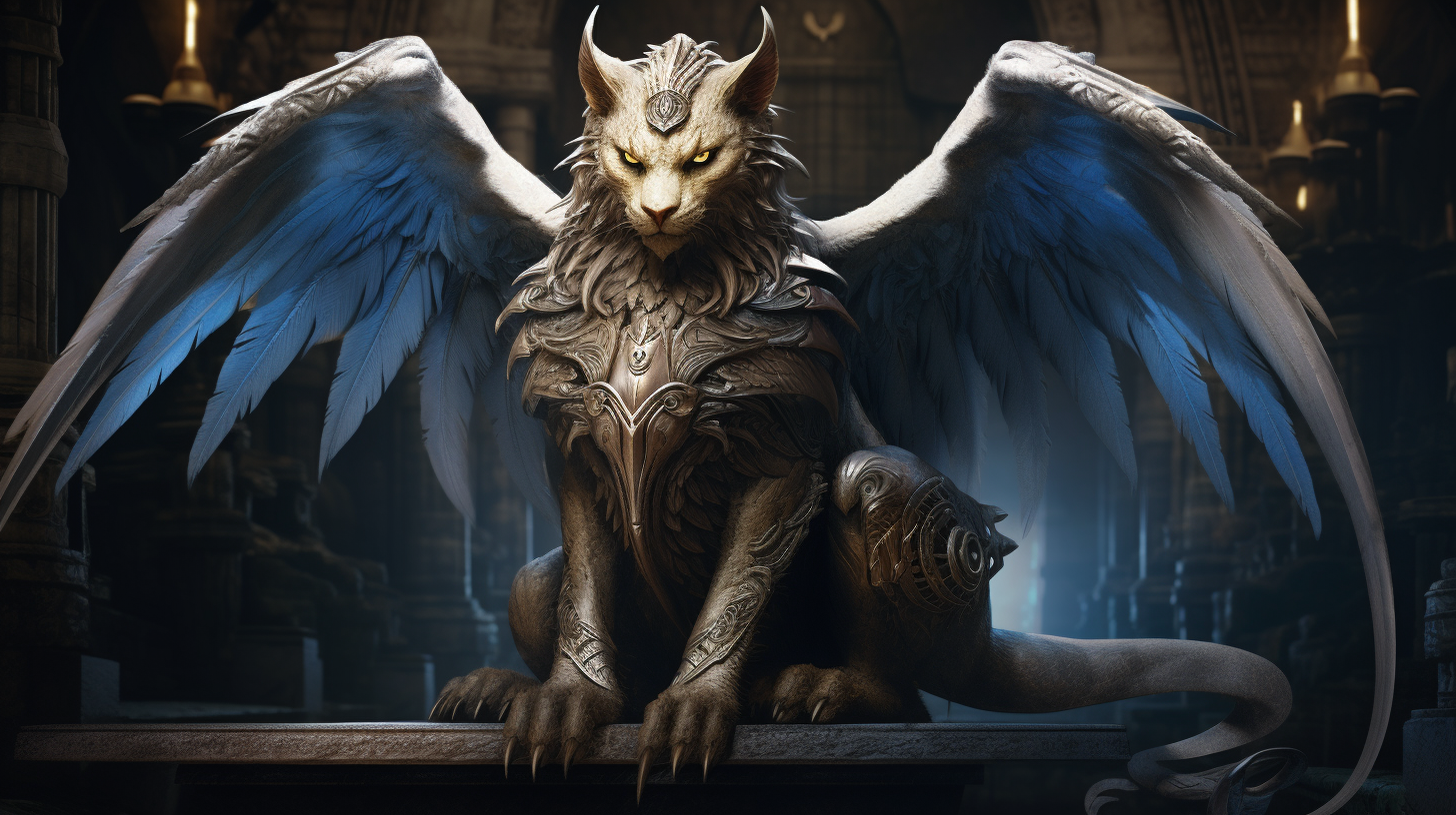 Majestic sphinx with wings in dungeon